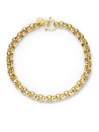THE LOOKTextured circle links18k goldplated settingLogo charmHammered toggle closureTHE MEASUREMENTWidth, about ½Length, about 17ORIGINMade in Italy THE LOOKTextured circle links18k goldplated settingLogo charmHammered toggle closureTHE MEASUREMENTWidth, about ½Length, about 17ORIGINMade in Italy