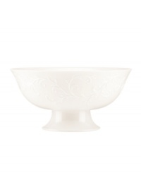 With an elegant white-on-white pattern featuring an embossed vine motif and interior glaze, the footed Opal Innocence serving bowl gets your table set for refined dining every day. With an elegant white-on-white pattern featuring an embossed vine motif and interior glaze, the footed Opal Innocence serving bowl gets your table set for refined dining every day.