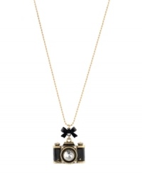 Picture perfect. A chic camera pendant adorns this unique necklace from Betsey Johnson. With a charming bow embellishment and sparkling crystal details, it's crafted in gold tone mixed metal. Approximate length: 30 inches + 3-inch extender. Approximate drop: 1-6/10 inches. Picture perfect. A chic camera pendant adorns this unique necklace from Betsey Johnson. With a charming bow embellishment and sparkling crystal details, it's crafted in gold tone mixed metal. Approximate length: 30 inches + 3-inch extender. Approximate drop: 1-6/10 inches.