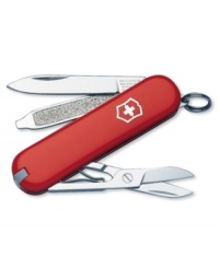 Reliable Swiss Army style. This stainless steel red acrylic pocket knife features a blade, nail file with nail cleaner, scissors, key ring, tweezers and toothpick. Lifetime guarantee against any defects in material and workmanship. Approximate length: 2-1/4 inches. Reliable Swiss Army style. This stainless steel red acrylic pocket knife features a blade, nail file with nail cleaner, scissors, key ring, tweezers and toothpick. Lifetime guarantee against any defects in material and workmanship. Approximate length: 2-1/4 inches.