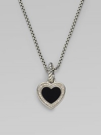 From the Cable Heart Collection. Black onyx heart with a diamond pavé border.Diamond, 0.16 tcw Black onyx Sterling silver Width, about ¾ Length, about ½ Imported Please note: Chain sold separately. From the Cable Heart Collection. Black onyx heart with a diamond pavé border.Diamond, 0.16 tcw Black onyx Sterling silver Width, about ¾ Length, about ½ Imported Please note: Chain sold separately.
