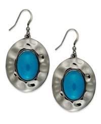 Oval appeal. Style&co. takes the shape and brings it full circle in this set of drop earrings. Crafted from hematite tone mixed metal, it features oval teal resin beads at the center. Approximate drop: 1-1/2 inches. Oval appeal. Style&co. takes the shape and brings it full circle in this set of drop earrings. Crafted from hematite tone mixed metal, it features oval teal resin beads at the center. Approximate drop: 1-1/2 inches.