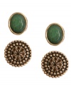 Casual cool. These pairs of earrings from Lucky Brand, crafted from gold-tone mixed metal with green glass stones, are the perfect accessories for a laid-back day. Items come packaged in a signature Lucky Brand Box. Approximate drop: 1/2 inch.