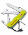 Always come prepared with this bright, multifunctional pocket knife by Victorinox Swiss Army. Yellow acrylic case with large locking blade, philips screwdriver, window breaker, strong flathead screwdriver/crate opener, bottle opener, wire stripper, reamer, seat belt cutter, key ring, tweezers, toothpick, disc saw for shatterproof glass, luminescent handles, nylon cord and nylon pouch. Swiss made. Limited lifetime warranty.