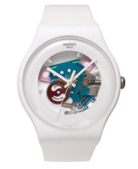 With a lacquered finish and colorful exhibition dial, this White Lacquered collection Swatch watch grabs attention and never lets go. With a lacquered finish and colorful exhibition dial, this White Lacquered collection Swatch watch grabs attention and never lets go.