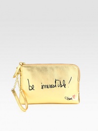 Remind yourself to live fearlessly with this metallic leather design.Detachable wristlet strap, 7½ dropZip top closureThree credit card slotsOne inside zip pocketTwo inside open pocketsFully lined8½W X 5½H X 1DImported Remind yourself to live fearlessly with this metallic leather design.Detachable wristlet strap, 7½ dropZip top closureThree credit card slotsOne inside zip pocketTwo inside open pocketsFully lined8½W X 5½H X 1DImported