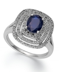 Richly colored and precisely detailed, this unique ring features a dramatic design of round-cut diamonds in a three ring pattern (1/4 ct. t.w.) and an oval-cut sapphire at center (1-5/8 ct. t.w.). Crafted in 14k white gold. Richly colored and precisely detailed, this unique ring features a dramatic design of round-cut diamonds in a three ring pattern (1/4 ct. t.w.) and an oval-cut sapphire at center (1-5/8 ct. t.w.). Crafted in 14k white gold.