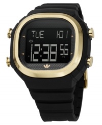 Functionality meets fashion. adidas's Seoul watch features a black polycarbonate strap and square case complemented by a goldtone bezel. Negative display digital dial offers 10-lap memory, timer, date and alarm and features goldtone adidas logo. Quartz movement. Water resistant to 70 meters. Two-year limited warranty. Functionality meets fashion. adidas's Seoul watch features a black polycarbonate strap and square case complemented by a goldtone bezel. Negative display digital dial offers 10-lap memory, timer, date and alarm and features goldtone adidas logo. Quartz movement. Water resistant to 70 meters. Two-year limited warranty.