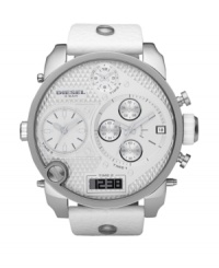 Strap on this striking Diesel watch and lock down industrial-strength timekeeping. White leather strap and round stainless steel case, 65x57mm. Knurled white chronograph dial features applied index, multiple subdials, positive display digital subdial at six o'clock, date window at four o'clock, lugs and logo. Quartz movement. Water resistant to 50 meters. Two-year limited warranty. Strap on this striking Diesel watch and lock down industrial-strength timekeeping. White leather strap and round stainless steel case, 65x57mm. Knurled white chronograph dial features applied index, multiple subdials, positive display digital subdial at six o'clock, date window at four o'clock, lugs and logo. Quartz movement. Water resistant to 50 meters. Two-year limited warranty.