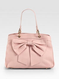 A feminine design with a structured frame in supple leather accented with a large bow.Double top handles, 7½ dropMagnetic snap closureProtective metal feetThree inner compartmentsOne inside zip pocketCotton lining13W X 10H X 6½DMade in Italy A feminine design with a structured frame in supple leather accented with a large bow.Double top handles, 7½ dropMagnetic snap closureProtective metal feetThree inner compartmentsOne inside zip pocketCotton lining13W X 10H X 6½DMade in Italy