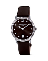 The sleek Slim Line watch features a stainless steel case set with 60 diamonds and a refined black satin strap. The elegant black dial features diamond markers, applied Roman marker at 12 o'clock and date window at 6 o'clock. By Frédérique Constant. The sleek Slim Line watch features a stainless steel case set with 60 diamonds and a refined black satin strap. The elegant black dial features diamond markers, applied Roman marker at 12 o'clock and date window at 6 o'clock. By Frédérique Constant.