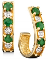 Graceful in design, these pretty hoop earrings feature round-cut emerald (1/3 ct. t.w.) and round-cut diamond accents set in 14k gold. Approximate diameter: 1/2 inch. Graceful in design, these pretty hoop earrings feature round-cut emerald (1/3 ct. t.w.) and round-cut diamond accents set in 14k gold. Approximate diameter: 1/2 inch.