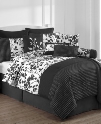 Black, white and chic all over! The Audrey comforter set boasts a silhouette leaf print with embroidered dots for an undeniably stylish look with a fresh, modern allure. This expansive set includes a reversible coverlet for lightweight warmth as well as five coordinating decorative pillows. (Clearance) Black, white and chic all over! The Audrey comforter set boasts a silhouette leaf print with embroidered dots for an undeniably stylish look with a fresh, modern allure. This expansive set includes a reversible coverlet for lightweight warmth as well as five coordinating decorative pillows. (Clearance)