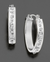 These 14k white gold earrings inlaid with sparkling diamond accents are a sophisticated alternative to the classic hoop earrings. These 14k white gold earrings inlaid with sparkling diamond accents are a sophisticated alternative to the classic hoop earrings.