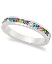 Traditions beautiful stacking ring is perfect when paired with other slim rings, but makes a pretty sparkling statement all its own. Crafted in sterling silver, a thin band features a round-cut array of multicolored crystals with Swarovski elements. Size 5-10. Traditions beautiful stacking ring is perfect when paired with other slim rings, but makes a pretty sparkling statement all its own. Crafted in sterling silver, a thin band features a round-cut array of multicolored crystals with Swarovski elements. Size 5-10.