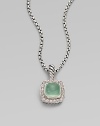 From the Petite Albion Collection. An exquisite design with dazzling pavé diamonds surrounding an aqua chalcedony stone center set in sterling silver on a box link chain. Aqua chalcedonyDiamonds, .2 tcwSterling silverLength, about 17Pendant size, about ¼Lobster clasp closureImported 