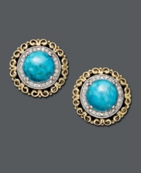 These studs are anything but simple. Ornate 14k gold and sterling silver setting features a round-cut turquoise center stone edged with sparkling round-cut diamond accents. Approximate diameter: 1/2 inch. These studs are anything but simple. Ornate 14k gold and sterling silver setting features a round-cut turquoise center stone edged with sparkling round-cut diamond accents. Approximate diameter: 1/2 inch.