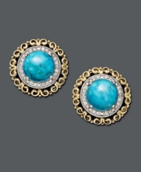 These studs are anything but simple. Ornate 14k gold and sterling silver setting features a round-cut turquoise center stone edged with sparkling round-cut diamond accents. Approximate diameter: 1/2 inch.