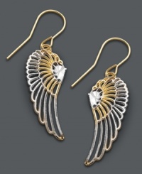 The sweetest thing. These delicate cut-out wings on fish wire add a heavenly touch. Crafted in 14k gold and 14k white gold. Approximate drop: 1-1/4 inches. The sweetest thing. These delicate cut-out wings on fish wire add a heavenly touch. Crafted in 14k gold and 14k white gold. Approximate drop: 1-1/4 inches.
