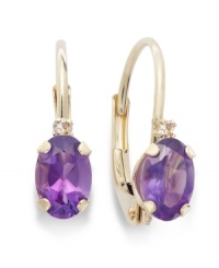 Sparkling perfection. Add a vibrant pop of color to your look with oval-cut amethyst (3/4 ct. t.w.) and sparkling diamond accents. Crafted in a 14k gold leverback setting. Approximate drop: 3/4 inch. Sparkling perfection. Add a vibrant pop of color to your look with oval-cut amethyst (3/4 ct. t.w.) and sparkling diamond accents. Crafted in a 14k gold leverback setting. Approximate drop: 3/4 inch.