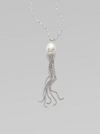 A baroque pearl with a sterling silver tassel on a sterling silver chain. 16mm baroque white organic man-made pearl Length, about 36 Sterling silver Lobster clasp closure Imported A baroque pearl with a sterling silver tassel on a sterling silver chain. 16mm baroque white organic man-made pearl Length, about 36 Sterling silver Lobster clasp closure Imported