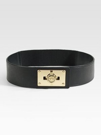 A wide, leather design with an elastic back and chic metal turn-lock closure. Width, about 2Made in USA A wide, leather design with an elastic back and chic metal turn-lock closure. Width, about 2Made in USA