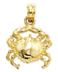 A stylish sand dweller. This cute crab is crafted in polished 14k gold with intricate details and an open back design. Approximate width: 1/2 inch. Approximate length: 3/4 inch. A stylish sand dweller. This cute crab is crafted in polished 14k gold with intricate details and an open back design. Approximate width: 1/2 inch. Approximate length: 3/4 inch.