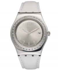 Style stays crisp with white color and crystal on this White Fan watch from Swatch. Style stays crisp with white color and crystal on this White Fan watch from Swatch.