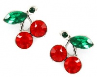 Small Silver Plated Red and Green Crystal Juicy Cherry Charm Stud Earrings Small Silver Plated Red and Green Crystal Juicy Cherry Charm Stud Earrings