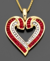 Make someone blush with this beautiful pendant of princess-cut rubies (2 ct. t.w.) and sparkling round-cut diamonds (1/5 ct. t.w.). Set in 14k gold. Chain measures approximately 18 inches with a 1-1/4 inch drop. Make someone blush with this beautiful pendant of princess-cut rubies (2 ct. t.w.) and sparkling round-cut diamonds (1/5 ct. t.w.). Set in 14k gold. Chain measures approximately 18 inches with a 1-1/4 inch drop.