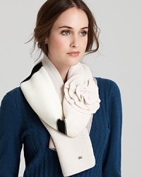 The perfect complement to an all-black winter look, SONIA RYKIEL's wool scarf features large stripes in neutral shades and a pretty knit flower. The perfect complement to an all-black winter look, SONIA RYKIEL's wool scarf features large stripes in neutral shades and a pretty knit flower.
