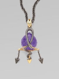 A goldplated and black rhodium plated sterling silver creation, complete with pavé black cubic zirconia, intertwines on a blue violet crystal, strung on a long elegant chain.Blue violet crystal Cubic zirconia Goldplated sterling silver Black rhodium plated sterling silver Chain length, about 30 Pendant width, about 2 Lobster clasp Imported A goldplated and black rhodium plated sterling silver creation, complete with pavé black cubic zirconia, intertwines on a blue violet crystal, strung on a long elegant chain.Blue violet crystal Cubic zirconia Goldplated sterling silver Black rhodium plated sterling silver Chain length, about 30 Pendant width, about 2 Lobster clasp Imported
