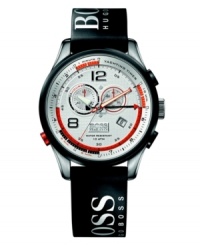 The ultimate watch for a sailor at heart, by Hugo Boss. Black, branded rubber strap (featuring the Hugo Boss boat's racing number of 99) and round stainless steel case with black rubber-coated bezel. Checkered white dial features black numerals at twelve and eight o'clock, luminous hands, reverse-graduated countdown scale, well-defined counters, clear-cut color-coding and logo. Back engraved with depiction of Hugo Boss boat. Quartz true regatta movement with audible alarm. Water resistant to 100 meters. Two-year limited warranty. The ultimate watch for a sailor at heart, by Hugo Boss. Black, branded rubber strap (featuring the Hugo Boss boat's racing number of 99) and round stainless steel case with black rubber-coated bezel. Checkered white dial features black numerals at twelve and eight o'clock, luminous hands, reverse-graduated countdown scale, well-defined counters, clear-cut color-coding and logo. Back engraved with depiction of Hugo Boss boat. Quartz true regatta movement with audible alarm. Water resistant to 100 meters. Two-year limited warranty.