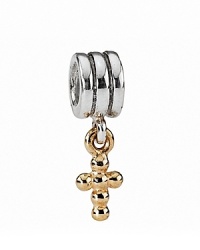 A 14K gold beaded cross dangles from a shiny sterling silver ring. Charm by PANDORA. A 14K gold beaded cross dangles from a shiny sterling silver ring. Charm by PANDORA.
