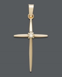 Smooth and sleek with a little touch of sparkle. Stylish cross pendant features a slim line design and a round-cut diamond accent at center. Crafted in 14k gold. Approximate drop width: 1/2 inch. Approximate drop length: 1 inch. Smooth and sleek with a little touch of sparkle. Stylish cross pendant features a slim line design and a round-cut diamond accent at center. Crafted in 14k gold. Approximate drop width: 1/2 inch. Approximate drop length: 1 inch.