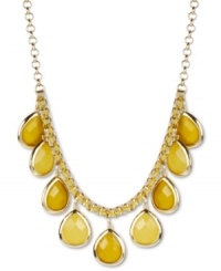 Soak up some sunny color. Haskell's frontal necklace brings focus to chartreuse acrylic beads in a teardrop design. A tonal cord intertwines with the box chain. Crafted in gold tone mixed metal. Approximate length: 17 inches + 3-inch extender. Approximate drop: 1-1/2 inches. Soak up some sunny color. Haskell's frontal necklace brings focus to chartreuse acrylic beads in a teardrop design. A tonal cord intertwines with the box chain. Crafted in gold tone mixed metal. Approximate length: 17 inches + 3-inch extender. Approximate drop: 1-1/2 inches.