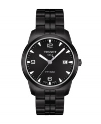 Ultra-durable without a stylish detail spared, Tissot's PR 100 watch is in it for the long haul. Black PVD stainless steel bracelet and round case. Black dial features numeral at twelve, six and nine o'clock, date window at three o'clock, luminous stick indices and hands, and logo. Swiss movement. Water resistant to 100 meters. Two-year limited warranty. Ultra-durable without a stylish detail spared, Tissot's PR 100 watch is in it for the long haul. Black PVD stainless steel bracelet and round case. Black dial features numeral at twelve, six and nine o'clock, date window at three o'clock, luminous stick indices and hands, and logo. Swiss movement. Water resistant to 100 meters. Two-year limited warranty.
