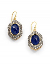 THE LOOKNouveau CollectionBlue corundum and cubic zirconia accents22k yellow goldplated and black ruthenium-plated wave settingHook backTHE MEASUREMENTLength, about 1½ORIGINImported THE LOOKNouveau CollectionBlue corundum and cubic zirconia accents22k yellow goldplated and black ruthenium-plated wave settingHook backTHE MEASUREMENTLength, about 1½ORIGINImported