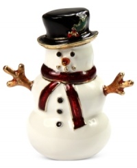 A wintry friend watches over your special keepsakes in this box from Jones New York. Crafted from mixed metal with colorful details. Approximate length: 2 inches. Approximate width: 1-1/4 inches. A wintry friend watches over your special keepsakes in this box from Jones New York. Crafted from mixed metal with colorful details. Approximate length: 2 inches. Approximate width: 1-1/4 inches.