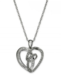 The heart is a gift, give it to someone you love. This stunning cut-out heart pendant features swirling ribbons and round-cut diamonds (1/3 ct. t.w.) in sterling silver. Approximate length: 18 inches. Approximate drop: 3/4 inch. The heart is a gift, give it to someone you love. This stunning cut-out heart pendant features swirling ribbons and round-cut diamonds (1/3 ct. t.w.) in sterling silver. Approximate length: 18 inches. Approximate drop: 3/4 inch.