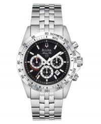 Precise functions make this fine watch from Bulova the perfect choice for everyday. Silvertone stainless steel bracelet and round casae. Round black chronograph dial with three subdials, date window, logo and stick indices. Quartz movement. Water resistant to 100 meters. Three-year limited warranty. Precise functions make this fine watch from Bulova the perfect choice for everyday. Silvertone stainless steel bracelet and round casae. Round black chronograph dial with three subdials, date window, logo and stick indices. Quartz movement. Water resistant to 100 meters. Three-year limited warranty.