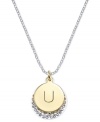 Letter perfection. This sterling silver necklace holds a pendant set in 14k gold and sterling silver plated topped with a U and adorned with crystal for a stunning statement. Approximate length: 18 inches. Approximate drop: 7/8 inch. Approximate drop width: 5/8 inch.