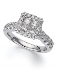 For the moment that will last a lifetime, this stunning Princess Treasures' engagement ring features four princess-cut diamonds at center and a smaller halo of round-cut diamonds and diamonds at the shoulders (total 1-3/4 ct. t.w.). Crafted in 14k white gold. For the moment that will last a lifetime, this stunning Princess Treasures' engagement ring features four princess-cut diamonds at center and a smaller halo of round-cut diamonds and diamonds at the shoulders (total 1-3/4 ct. t.w.). Crafted in 14k white gold.