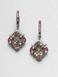 A rainbow of richly hued sapphires in an open quatrefoil-shaped design hangs from a stone-set hoop.SapphiresBlack rhodium-plated sterling silverLength, about 1PiercedImported A rainbow of richly hued sapphires in an open quatrefoil-shaped design hangs from a stone-set hoop.SapphiresBlack rhodium-plated sterling silverLength, about 1PiercedImported