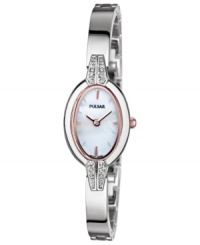 Subtle touches of rose-gold pair beautifully with crystal accents on this Pulsar timepiece. Subtle touches of rose-gold pair beautifully with crystal accents on this Pulsar timepiece.