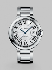 Distinctive stainless steel design with blue hands and large Roman numeral dial. Stainless steel case and bracelet Case, 42mm X 13mm, 1.65 X 0.51 Water ressitant to 30M Date display Second hand Automatic movement Band width, 20mm, 0.79 Made in Switzerland Distinctive stainless steel design with blue hands and large Roman numeral dial. Stainless steel case and bracelet Case, 42mm X 13mm, 1.65 X 0.51 Water ressitant to 30M Date display Second hand Automatic movement Band width, 20mm, 0.79 Made in Switzerland