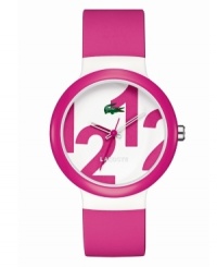 Pretty in pink. Unisex Goa watch by Lacoste crafted of pink silicone strap and round plastic case with pink bezel. White dial features oversized pink 1212 print, iconic crocodile logo at twelve o'clock, cut-out hour and minute hands, and red second hand. Quartz movement. Water resistant to 30 meters. Two-year limited warranty. Pretty in pink. Unisex Goa watch by Lacoste crafted of pink silicone strap and round plastic case with pink bezel. White dial features oversized pink 1212 print, iconic crocodile logo at twelve o'clock, cut-out hour and minute hands, and red second hand. Quartz movement. Water resistant to 30 meters. Two-year limited warranty.