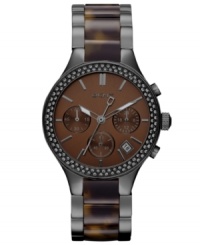 Smoky crystals captivate on this gunmetal and tortoise watch from DKNY. Smoky crystals captivate on this gunmetal and tortoise watch from DKNY.