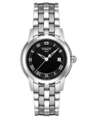A stately watch with international appeal, by Tissot. Stainless steel bracelet and case. Etched black dial with logo, date window and silvertone roman numerals. Swiss made. Quartz movement. Water resistant to 30 meters. Two-year warranty. A stately watch with international appeal, by Tissot. Stainless steel bracelet and case. Etched black dial with logo, date window and silvertone roman numerals. Swiss made. Quartz movement. Water resistant to 30 meters. Two-year warranty.