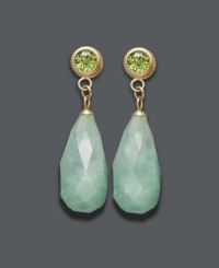 Glam it up in gorgeous green hues. These dramatic drop earrings highlight a faceted jade teardrop (18 mm x 8 mm) and post setting decorated by a round-cut peridot (1 ct. t.w.). Crafted in 14k gold. Approximate drop: 1-1/4 inches. Glam it up in gorgeous green hues. These dramatic drop earrings highlight a faceted jade teardrop (18 mm x 8 mm) and post setting decorated by a round-cut peridot (1 ct. t.w.). Crafted in 14k gold. Approximate drop: 1-1/4 inches.